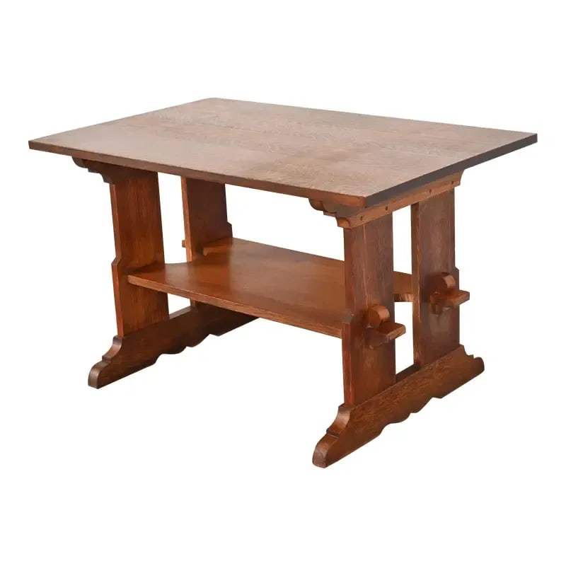Gustav Stickley Mission Oak Arts & Crafts Trestle Library Table or Writing Desk, Circa 1900: A rare and exceptional antique Mission oak Arts & Crafts trestle library table or writing desk By Gustav Stickley USA, Circa 1900 Measures: 48"W x 30"D x 29"H. Very good original vintage condition. Th