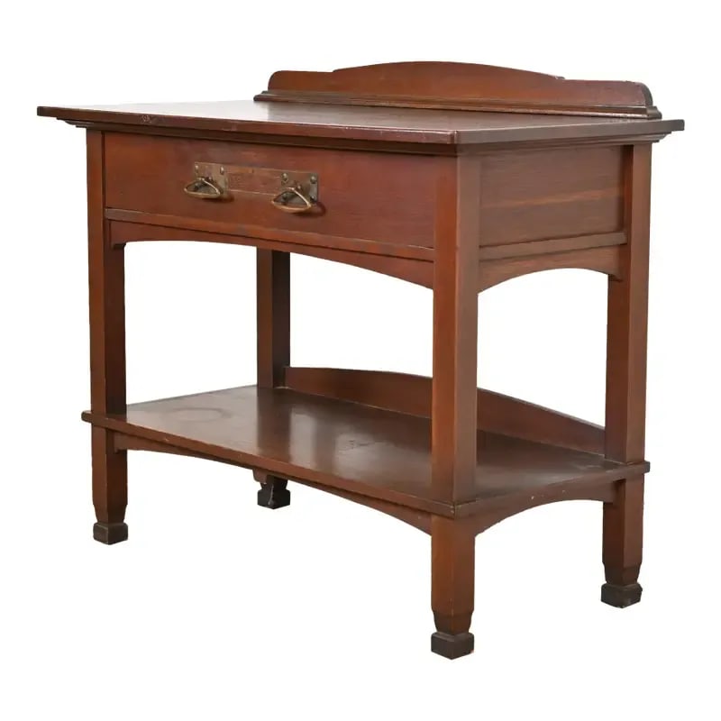 Stickley Brothers Style Antique Mission Oak Arts & Crafts Sideboard Buffet Server, Circa 1900: An exceptional antique Mission or Arts & Crafts sideboard buffet or server In the manner of Stickley Brothers USA, Circa 1900 Beautiful carved oak, with original hammered copper hardware. Measures: 42