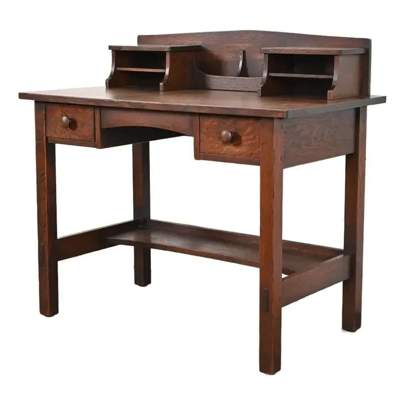 L. & J. G. Stickley Antique Mission Oak Arts & Crafts Writing Desk, Circa 1900: An exceptional antique Mission or Arts & Crafts period quarter sawn oak writing desk By L. & J.G. Stickley USA, Circa 1900 Measures: 40"W x 22.13"D x 37"H. Good original vintage condition. See less