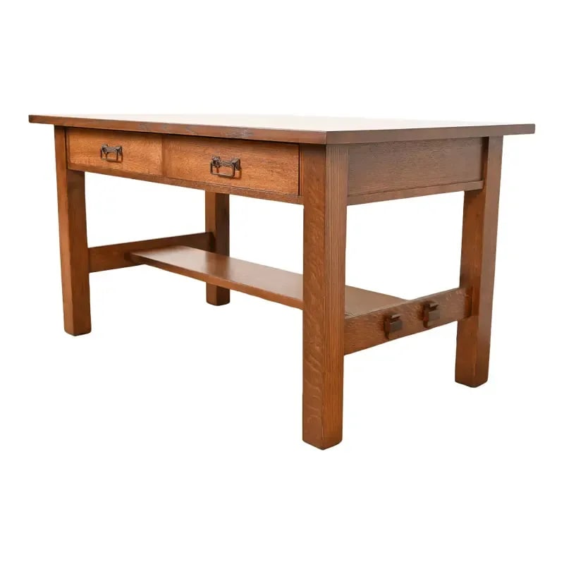 Stickley Brothers Style Antique Mission Oak Arts & Crafts Desk or Library Table, Newly Refinished: An exceptional antique Mission or Arts & Crafts writing desk or library table In the manner of Stickley Brothers USA, Circa 1900 Solid quarter sawn oak, with original hammered copper hardware. Measure
