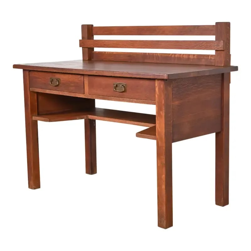 Antique Stickley Mission Oak Arts & Crafts Desk, Circa 1900: An exceptional antique Mission or Arts & Crafts writing desk By L. & J.G. Stickley USA, Circa 1900 Quarter sawn oak, with original hammered copper hardware. Measures: 48"W x 22.13"D x 39"H. Table top 