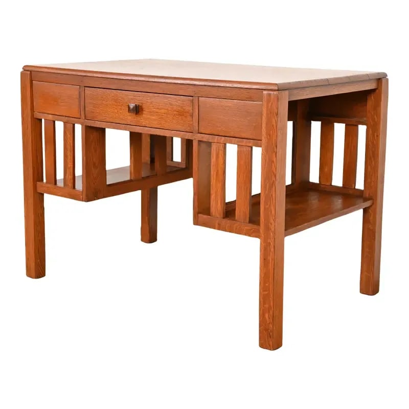 Stickley Brothers Style Antique Mission Oak Arts & Crafts Desk With Built-In Bookcases, Circa 1900: An exceptional antique Mission or Arts & Crafts quarter sawn oak writing desk or library table with built-in bookcases In the manner of Stickley Brothers USA, Circa 1900 Measures: 42"W x 26"D x 30.25"