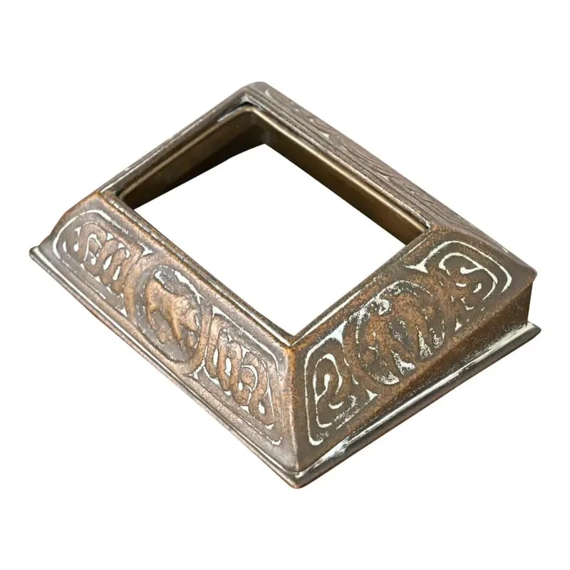 Tiffany Studios New York 'Zodiac' Bronze Desk Calendar Holder or Picture Frame, Circa 1910: A gorgeous bronze desk calendar holder or picture frame featuring Zodiac designs By Tiffany Studios New York, USA, Early 20th Century Measures: 4.5"W x 3.25"D x 1.63"H. Very good original vintage cond