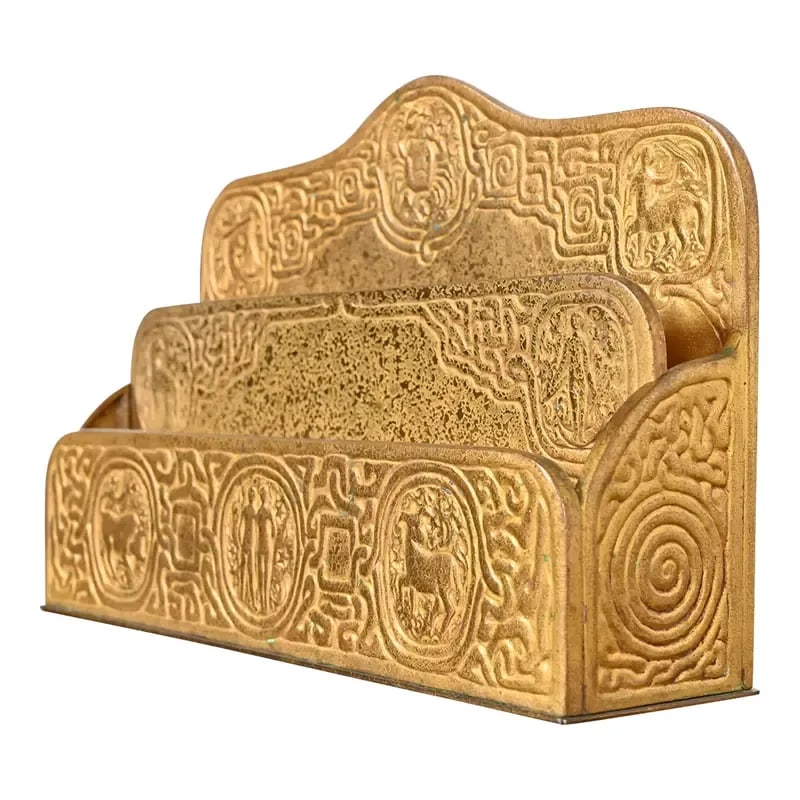 Tiffany Studios New York Zodiac Pattern Bronze Doré Letter Rack: A gorgeous antique Arts & Crafts or Art Deco period gilt bronze "Zodiac" pattern desk letter holder rack By Tiffany Studios (signed to the underside) New York, USA, Early 20th Century Measures: 9.5"W 
