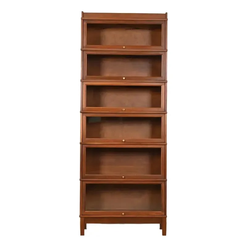 Arts & Crafts Walnut Six-Stack Barrister Bookcase by Hale: A gorgeous vintage Arts & Crafts six-stack barrister bookcase In the manner of Globe Wernicke By Hale USA, Circa Late 20th Century Walnut, with glass front doors and brass hardware. Measures: 34.25"W 