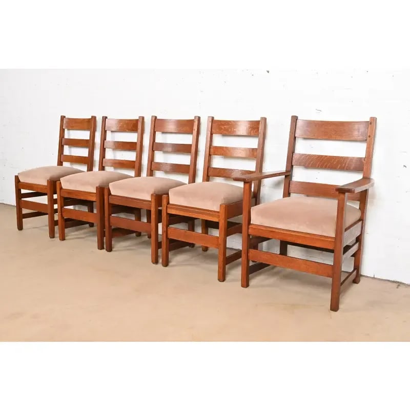 L. & J. G. Stickley Antique Mission Oak Arts & Crafts Ladder Back Dining Chairs, Set of Five - 12