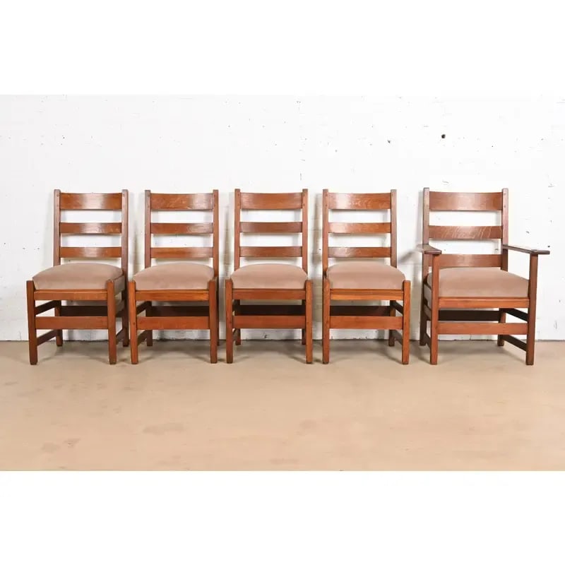 L. & J. G. Stickley Antique Mission Oak Arts & Crafts Ladder Back Dining Chairs, Set of Five - 2