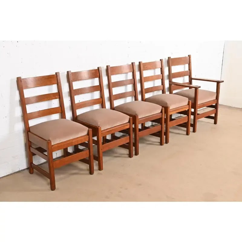 L. & J. G. Stickley Antique Mission Oak Arts & Crafts Ladder Back Dining Chairs, Set of Five - 3
