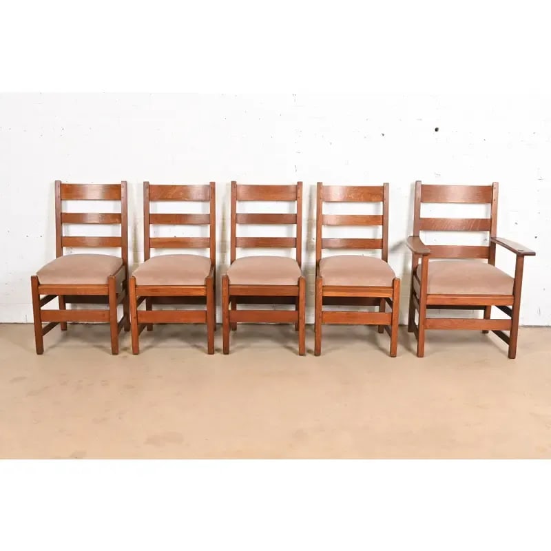 L. & J. G. Stickley Antique Mission Oak Arts & Crafts Ladder Back Dining Chairs, Set of Five - 4