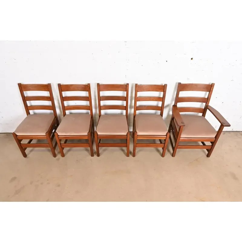 L. & J. G. Stickley Antique Mission Oak Arts & Crafts Ladder Back Dining Chairs, Set of Five - 5