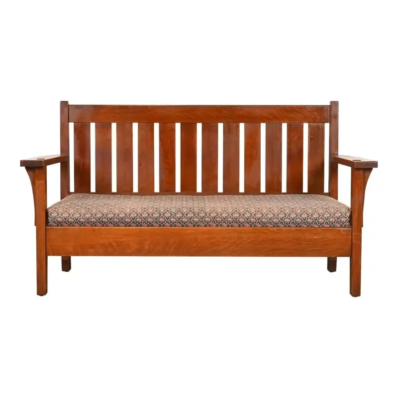 Antique L. & J. G. Stickley Mission Oak Arts & Crafts Open Arm Settee or Loveseat, Circa 1900: A beautiful Mission or Arts & Crafts loveseat, settee, or sofa By L. & J.G. Stickley USA, Circa 1900 Solid quarter sawn oak, with upholstered seat cushion. Measures: 65"W x 25"D x 36"H. Seat height: 1