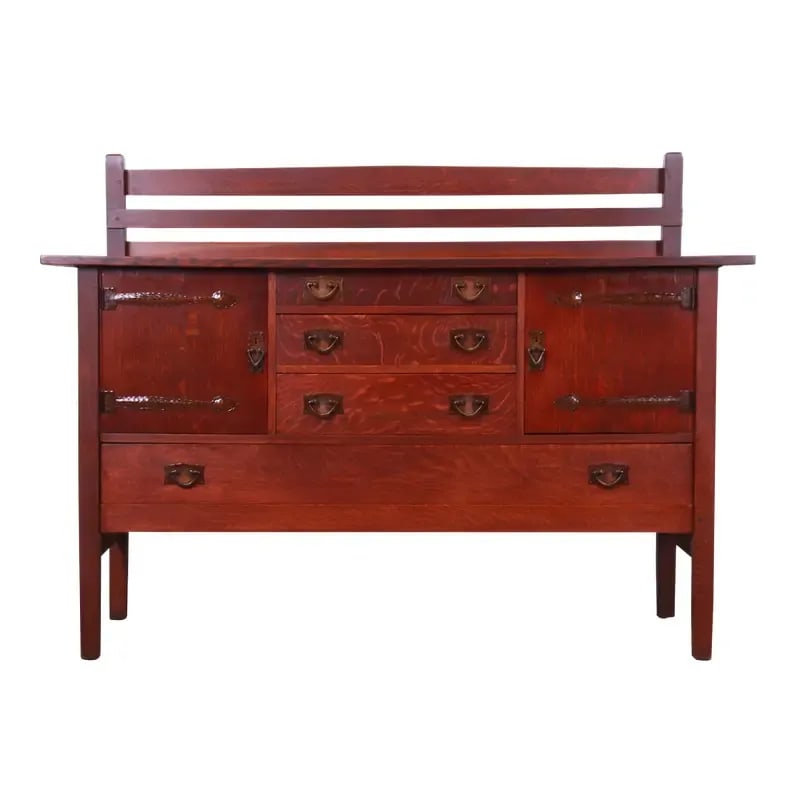 Gustav Stickley Mission Oak Arts & Crafts Sideboard, Circa 1900: A rare and exceptional antique Mission oak Arts & Crafts sideboard or credenza with plate rack By Gustav Stickley USA, Circa 1900 Quarter sawn oak, with ooze leather lined top drawer, and original ham