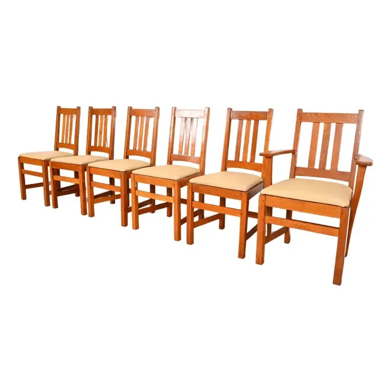 Limbert Antique Mission Oak Arts & Crafts Dining Chairs, Set of Six (1 of 12)