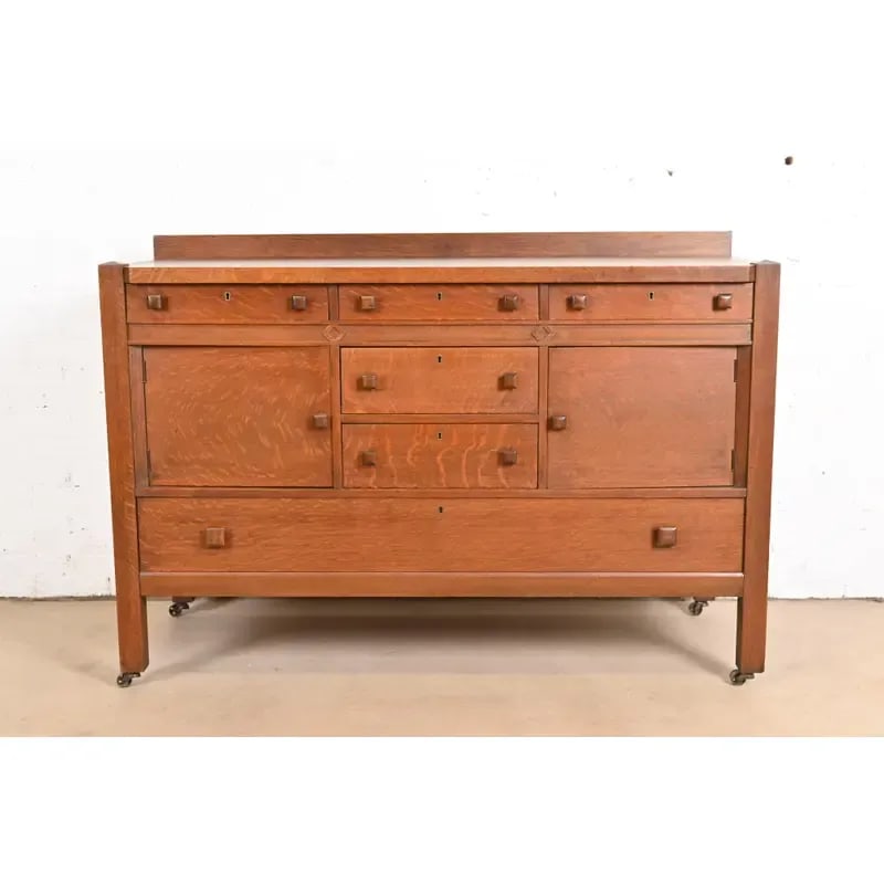 Stickley Brothers Style Antique Mission Tiger Oak Arts & Crafts Sideboard or Bar Cabinet, Circa 1900 - 12