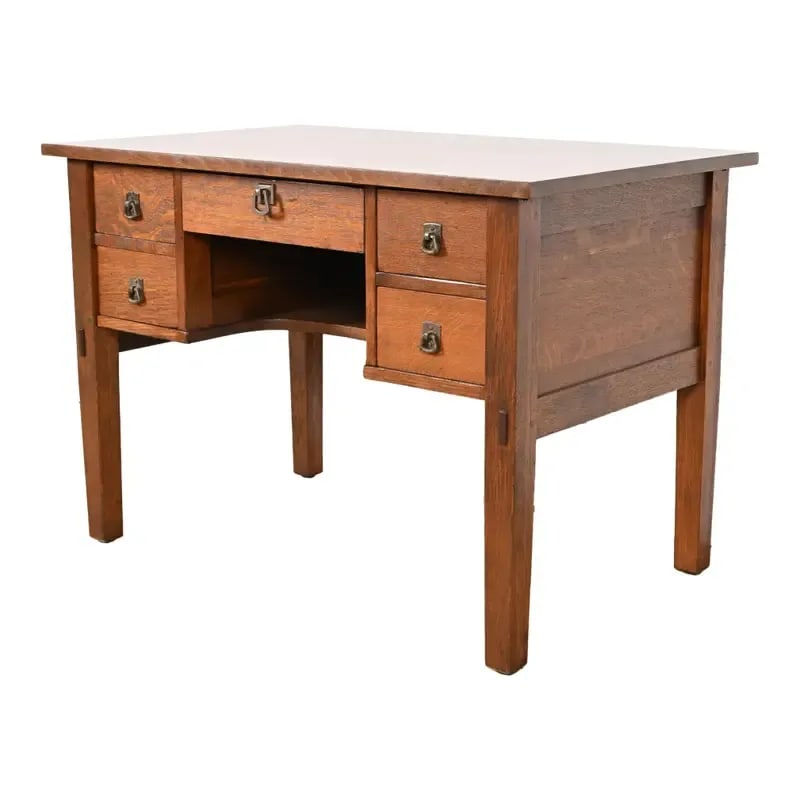 L. & J. G. Stickley Antique Mission Oak Arts & Crafts Desk, Newly Refinished: An exceptional antique Mission or Arts & Crafts writing desk or library table By L. & J.G. Stickley USA, Circa 1900 Solid quarter sawn oak, with hammered copper hardware. Measures: 42"W x 26"D x 29.25