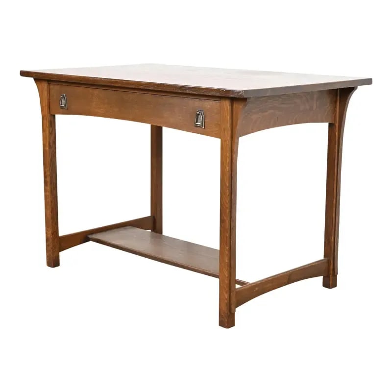 Lifetime Furniture Antique Mission Oak Arts & Crafts Desk or Library Table, Circa 1900: An exceptional antique Mission or Arts & Crafts writing desk or library table By Lifetime Furniture USA, Circa 1900 Beautiful quarter sawn oak, with original hammered copper hardware. Measures: 48"W x