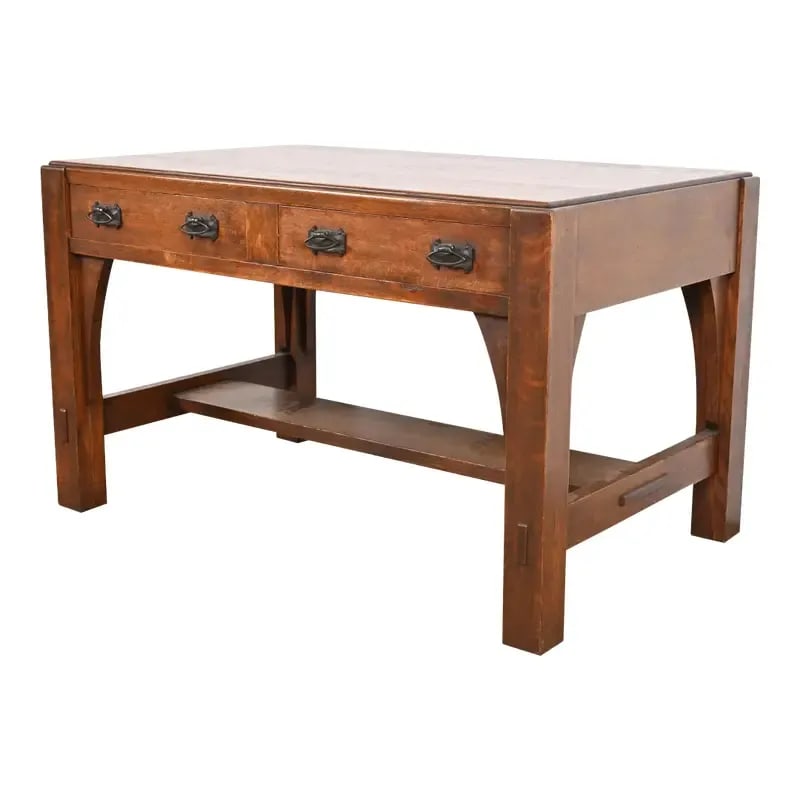 Limbert Antique Mission Oak Arts & Crafts Desk or Library Table, Circa 1900: An exceptional antique Mission or Arts & Crafts library table or writing desk By Charles P. Limbert Co. USA, Circa 1900 Solid quarter sawn oak, with original copper hardware. Measures: 48"W x 30.5"D x