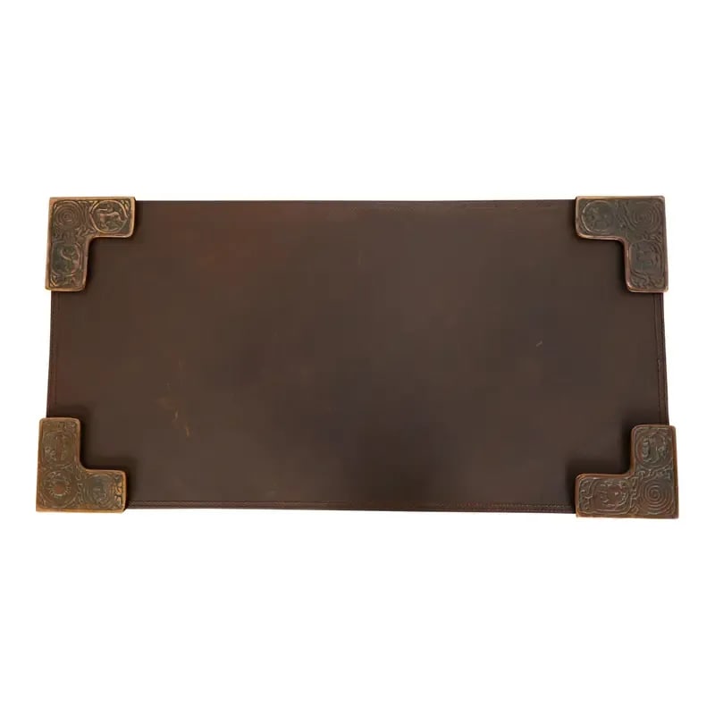 Tiffany Studios New York Zodiac Bronze Blotter Corners With Leather Desk Blotter: A gorgeous set of four Art Deco or Arts & Crafts period bronze blotter corners featuring symbols of the Zodiac, with a custom brown leather desk blotter. By Tiffany Studios (blotter corners signed to 