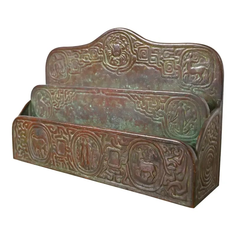 Tiffany Studios New York Zodiac Pattern Bronze Letter Rack: A gorgeous antique Arts & Crafts or Art Deco period bronze "Zodiac" pattern desk letter holder rack By Tiffany Studios (signed to the underside) New York, USA, Early 20th Century Measures: 9.63"W x 2.