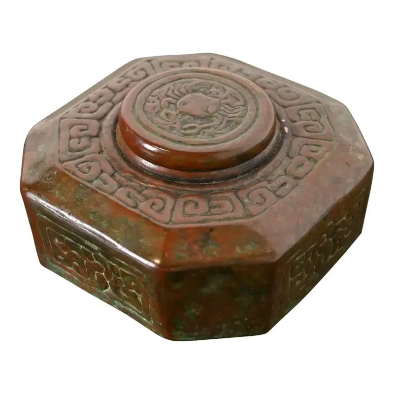 Tiffany Studios New York Zodiac Bronze Inkwell: A gorgeous Arts & Crafts or Art Deco period Zodiac pattern bronze inkwell By Tiffany Studios (signed to the underside) New York, USA, Early 20th Century Measures: 4"W x 4"D x 2"H. Good original vintag