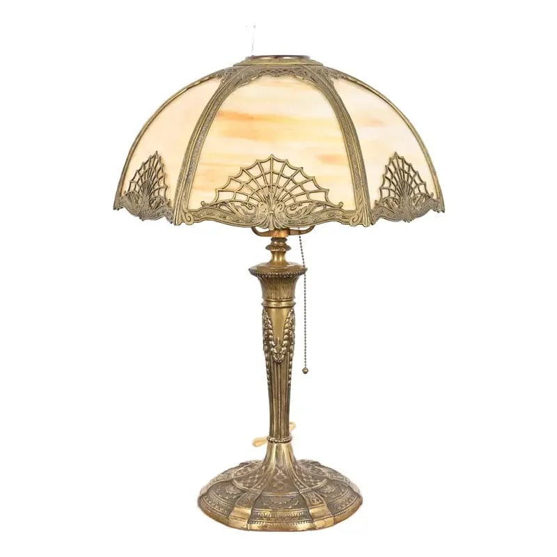 Antique Art Nouveau Slag Glass Table Lamp in the Manner of Handel, Circa 1920s: An exceptional antique Art Nouveau period table lamp with gorgeous six-panel curved caramel slag glass shade In the manner of Handel USA, Circa 1920s Measures: 17"W x 17"D x 23"H. Shade measures: 17"W