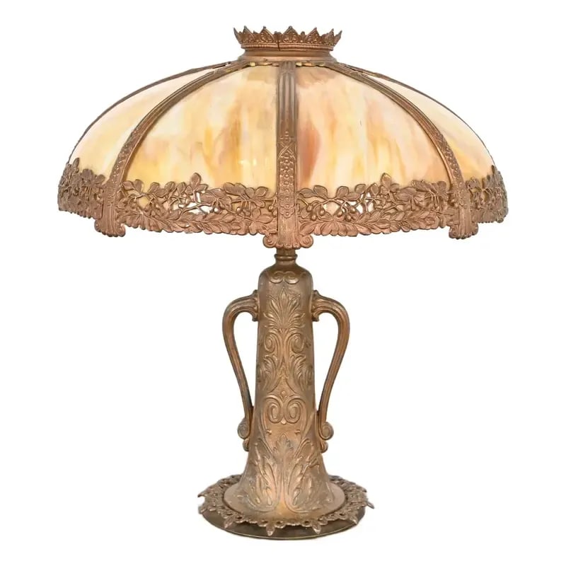 Antique Art Nouveau Slag Glass Table Lamp in the Manner of Handel, Circa 1920s: An exceptional antique Art Nouveau period table lamp with gorgeous eight-panel caramel curved slag glass shade In the manner of Handel USA, Circa 1920s Measures: 19"W x 19"D x 20.5"H. Shade measures: 