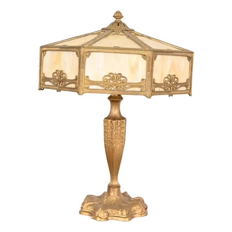 Antique Art Nouveau Slag Glass Table Lamp in the Manner of Handel, Circa 1910: An exceptional antique Art Nouveau period table lamp with gorgeous caramel slag glass shade In the manner of Handel USA, Circa 1910 Measures: 18.25"W x 18.25"D x 24"H. Shade measures: 18.25"W x 18.25"