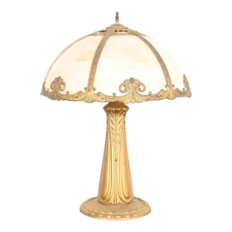 Antique Art Nouveau Slag Glass Table Lamp in the Manner of Handel, Circa 1920s: An exceptional antique Art Nouveau period table lamp with gorgeous six-panel curved caramel slag glass shade In the manner of Handel USA, Circa 1920s Measures: 17"W x 17"D x 21.5"H. Very good vintage 