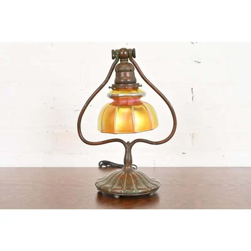 Tiffany Studios New York Bronze Harp Favrile Iridescent Art Glass Desk Lamp - 12