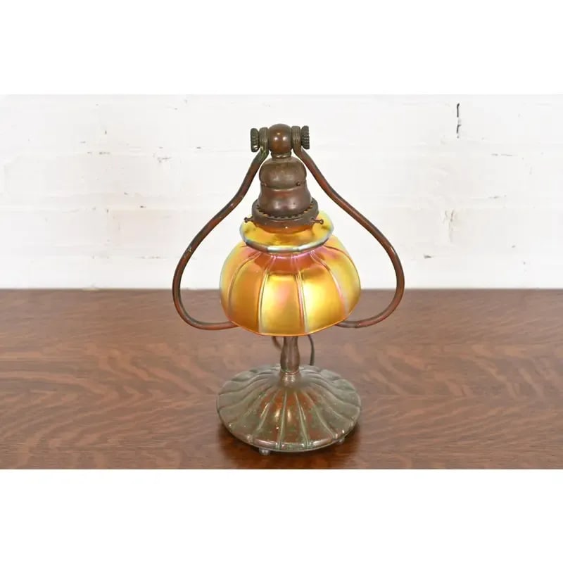 Tiffany Studios New York Bronze Harp Favrile Iridescent Art Glass Desk Lamp - 2