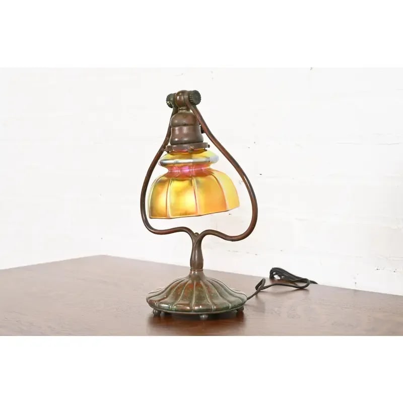 Tiffany Studios New York Bronze Harp Favrile Iridescent Art Glass Desk Lamp - 3