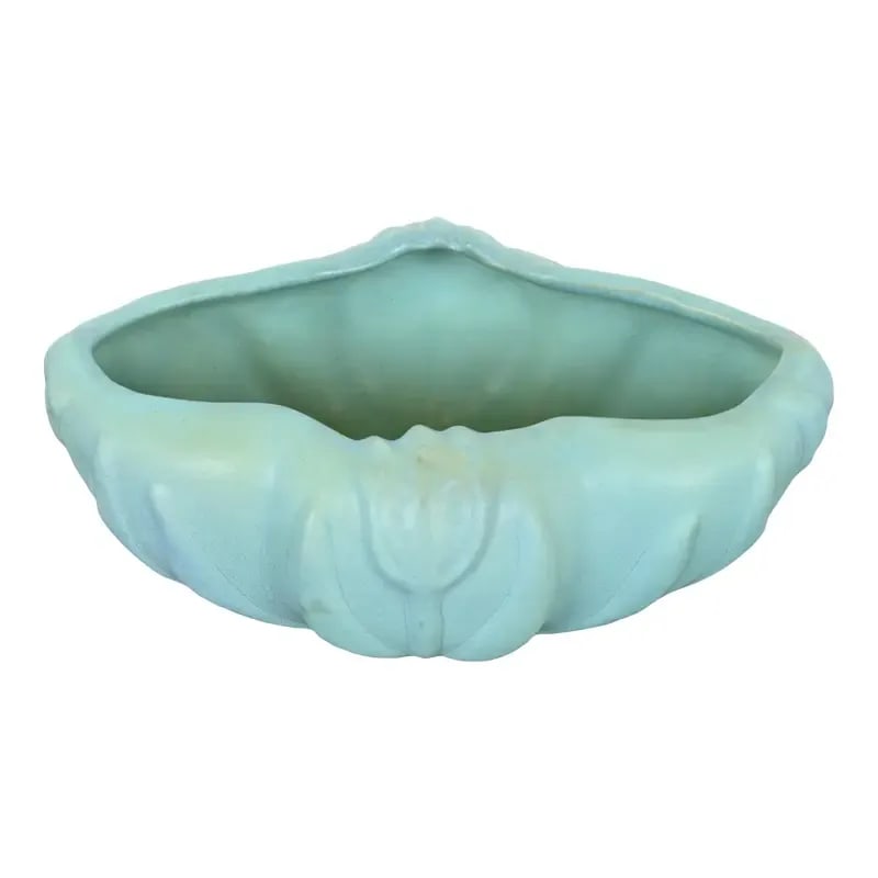 Van Briggle Arts & Crafts Turquoise Glazed Ceramic Bowl With Tulip Motif: A gorgeous Arts & Crafts period turquoise glazed ceramic art pottery bowl or dish with tulip motif By Van Briggle (signed to the underside) USA, Early 20th Century Measures: 8.75"W x 5.88"D x 3.5"H. V