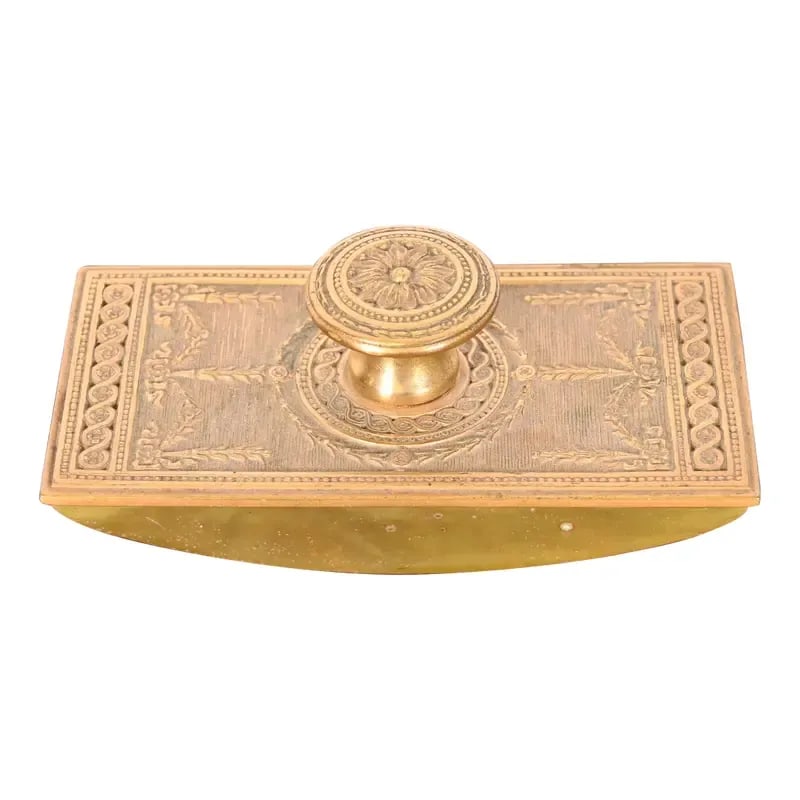 Tiffany Studios New York Adam Bronze Doré Rocker Blotter: A gorgeous antique gilt bronze Neoclassical or Adam style rocker blotter By Tiffany Studios (signed on the side) New York, USA, Early 20th Century Measures: 5.5"W x 2.75"D x 2"H Very good original vin