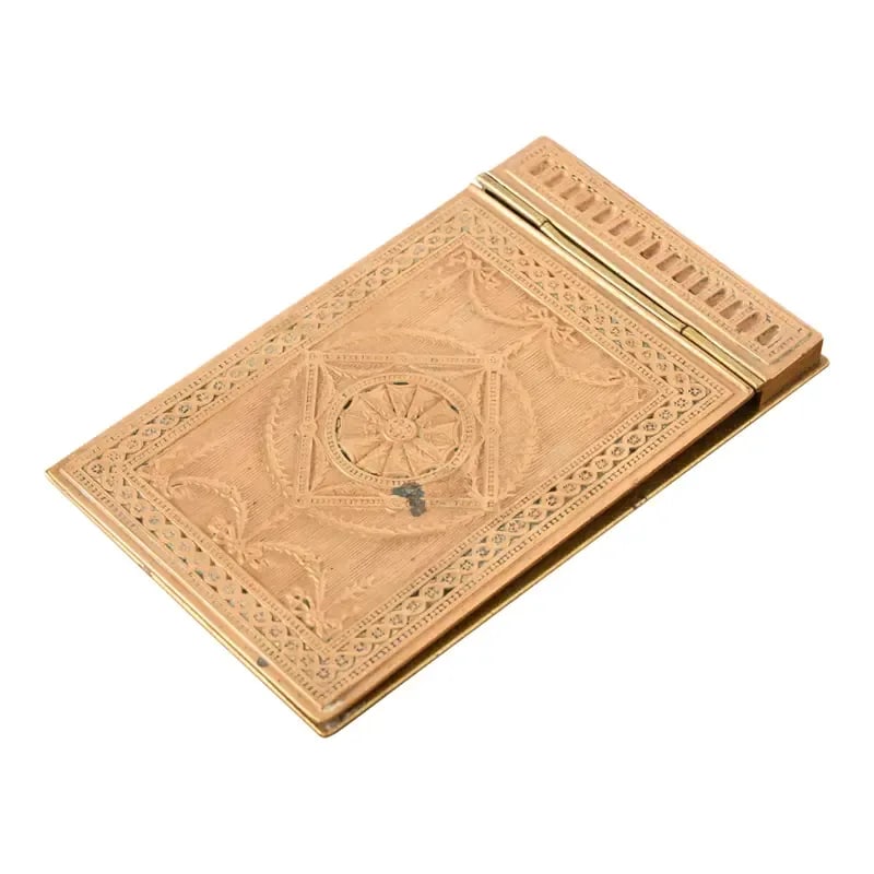 Tiffany Studios New York Adam Bronze Doré Notepad Holder, Circa 1910: A gorgeous antique gilt bronze Neoclassical or Adam style notepad holder By Tiffany Studios (signed to the underside) New York, USA, Early 20th Century Measures: 4.75"W x 7.5"D x 0.5"H Good original v
