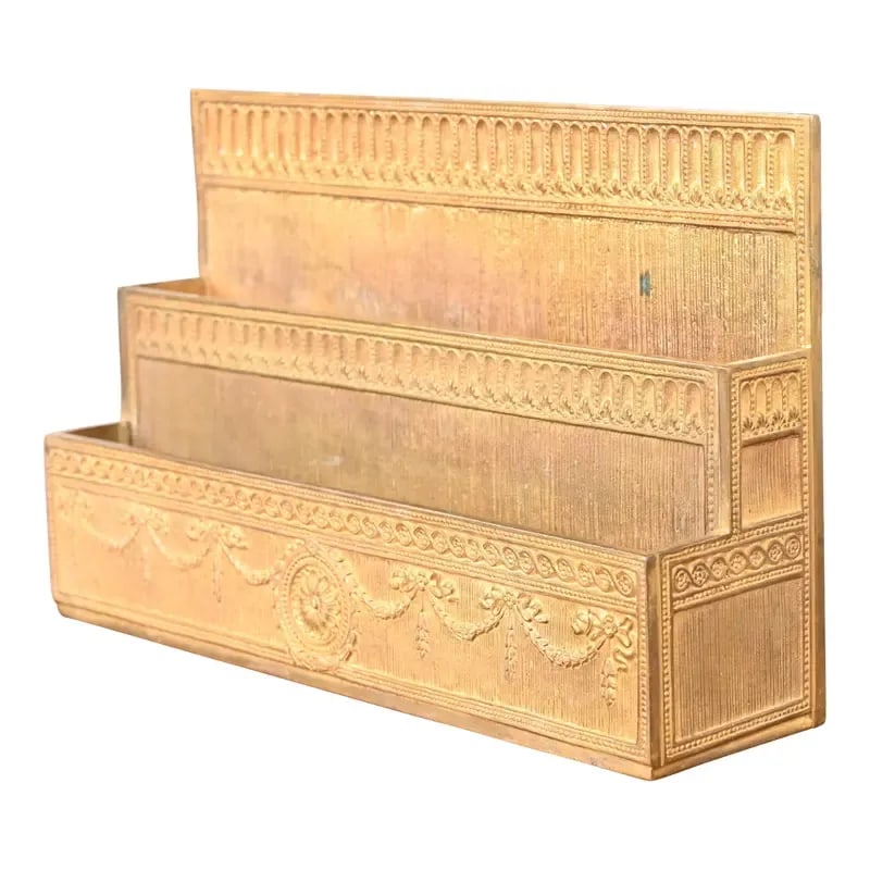 Tiffany Studios New York Adam Bronze Doré Letter Rack: A gorgeous antique gilt bronze Neoclassical or Adam style desk letter holder rack By Tiffany Studios (signed to the underside) New York, USA, Early 20th Century Measures: 9.25"W x 2.5"D x 6"H Good ori
