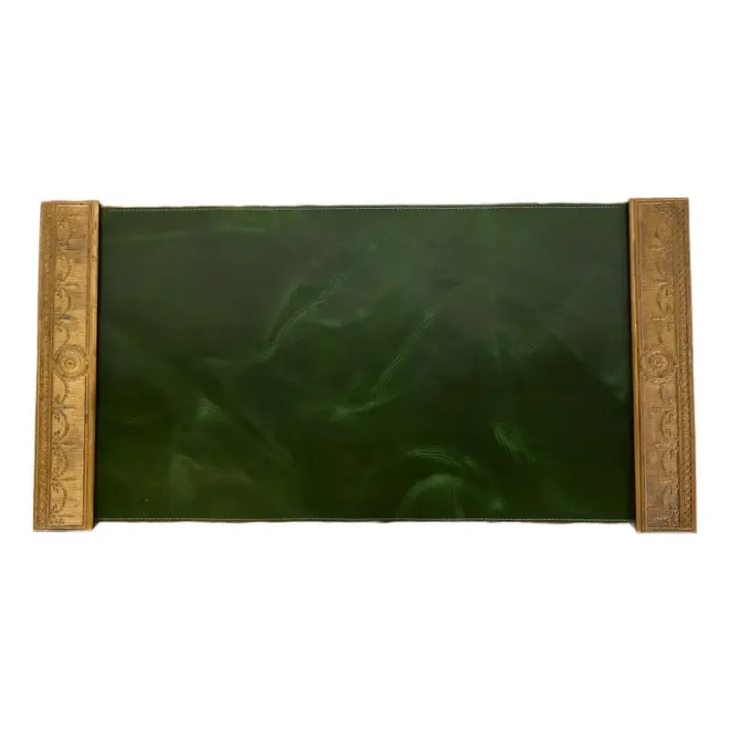 Tiffany Studios New York "Adam" Bronze Doré Blotter Ends With Leather Desk Blotter: A gorgeous pair of Art Deco period gilt bronze blotter ends featuring Adam style or Neoclassical style swags, with a custom green leather desk blotter. By Tiffany Studios (blotter ends signed to the u