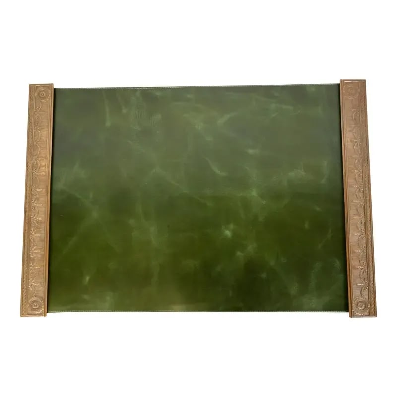 Tiffany Studios New York "Adam" Bronze Doré Blotter Ends With Leather Desk Blotter: A gorgeous pair of Arts & Crafts or Art Deco period gilt bronze blotter ends featuring Adam style or Neoclassical style swags, with a custom green leather desk blotter. By Tiffany Studios (blotter end