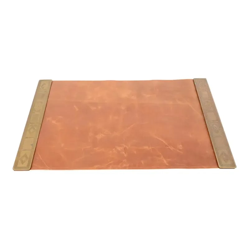 Tiffany Studios New York Graduate Bronze Doré Blotter Ends With Leather Desk Blotter: A gorgeous pair of Art Deco or Arts & Crafts period gilt bronze blotter ends in the "Graduate" pattern, with a custom brown leather desk blotter. By Tiffany Studios (signed to the underside of blotter
