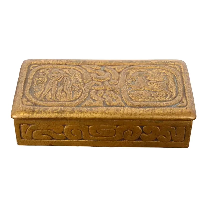 Tiffany Studios New York Zodiac Bronze Doré Stamp Box (1 of 12)