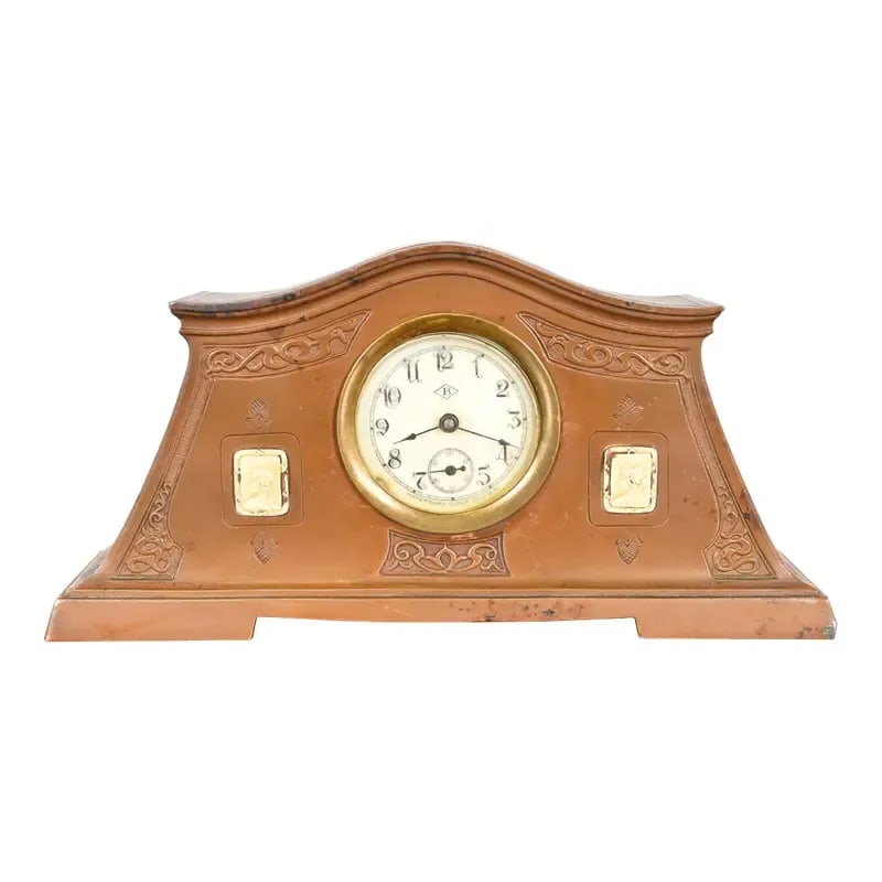 Benedict Studios Arts & Crafts Bronze Mantel Clock, Circa 1910: A gorgeous Arts & Crafts period bronze mantel clock with an emblems of classical Greek figures By Benedict Studios (signed to the underside) USA, Circa 1910 Measures: 8.25"W x 2"D x 4.13"H. Good origi