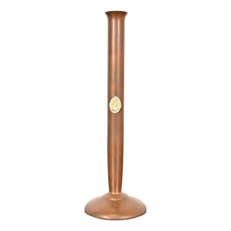 Benedict Studios Arts & Crafts Bronze Bud Vase: A gorgeous Arts & Crafts period bronze bud vase with emblem of a classical Greek figure By Benedict Studios (signed to the underside) USA, Circa 1910 Measures: 2.75"W x 2.75"D x 8.63"H. Good original 