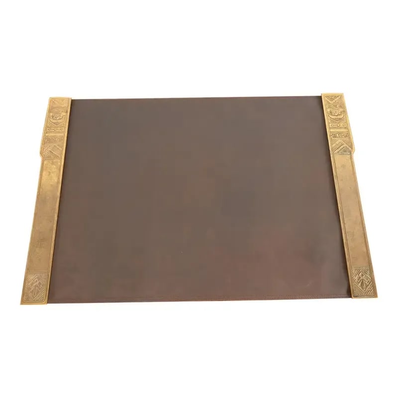 Tiffany Studios New York American Indian Bronze Doré Blotter Ends With Leather Desk Blotter: A gorgeous pair of Art Deco or Arts & Crafts period gilt bronze blotter ends in the "American Indian" pattern, with a custom brown leather desk blotter. By Tiffany Studios (signed to the underside of 
