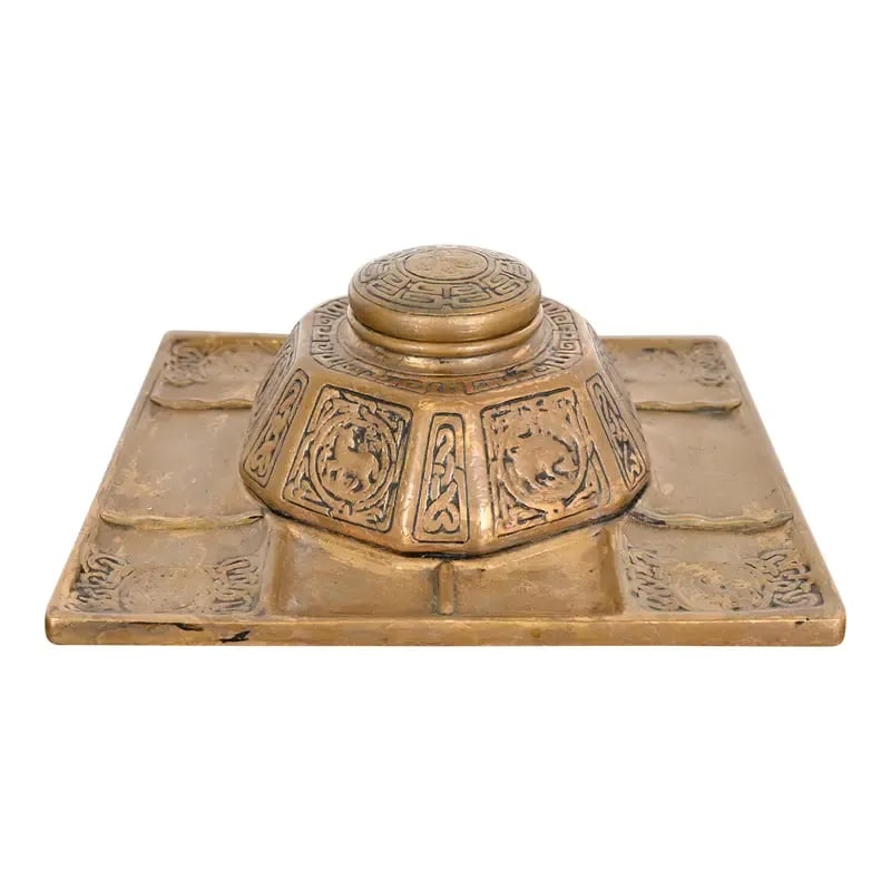 Tiffany Studios New York Zodiac Bronze Partner's Inkwell With Desk Tray: A gorgeous antique Arts & Crafts or Art Deco period bronze partner's inkwell with desk tray featuring the iconic Zodiac pattern. By Tiffany Studios (signed to the underside) New York, USA, Early 20th 