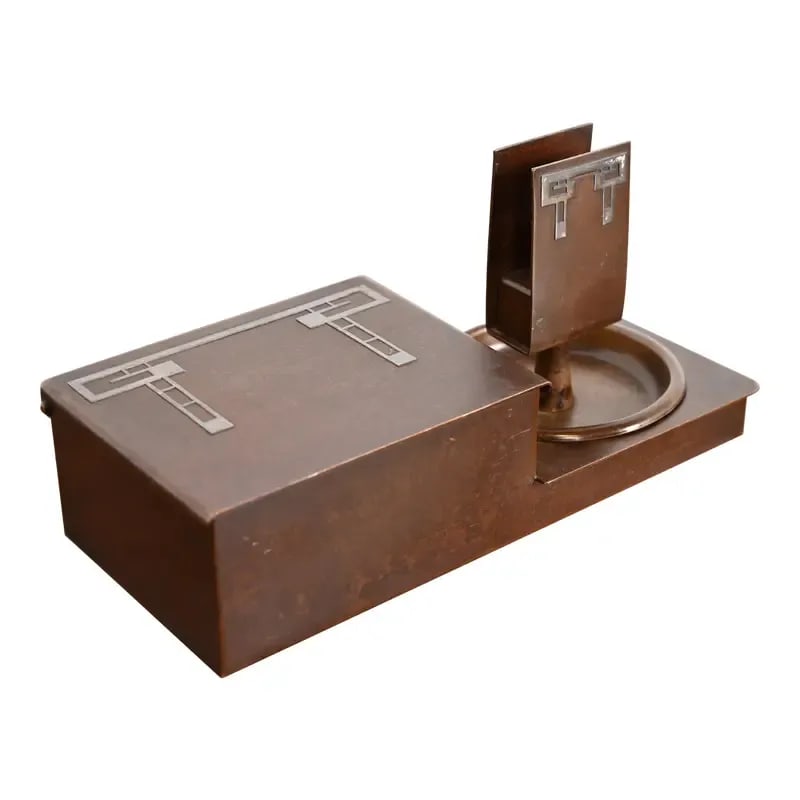 Heintz Arts & Crafts Sterling Silver on Bronze Humidor Box and Ashtrays With Match Box Holder (1 of 12)