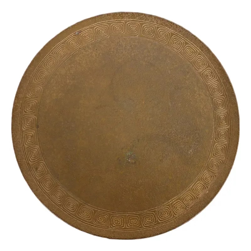 Tiffany Studios New York Greek Key Bronze Footed Charger Plate or Tray: A gorgeous Arts & Crafts or Art Deco period bronze footed charger plate or serving tray with Greek Key design By Tiffany Studios (signed to the underside) New York, USA, Early 20th Century Measures: 8
