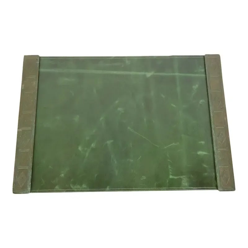 Tiffany Studios New York Graduate Pattern Bronze Blotter Ends With Leather Desk Blotter: A gorgeous pair of Art Deco or Arts & Crafts period patinated bronze Graduate pattern blotter ends in verdigris finish, with a custom green leather desk blotter. By Tiffany Studios (signed to the unde