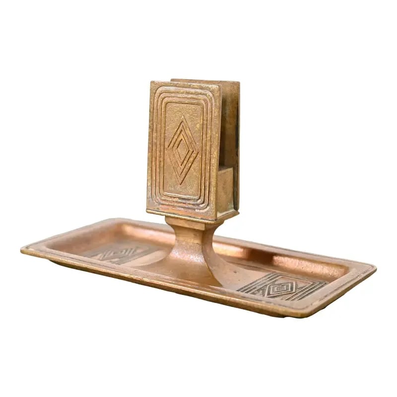 Tiffany Studios New York Graduate Pattern Bronze Doré Match Box Holder: A gorgeous antique Arts & Crafts or Art Deco period gilt bronze "Graduate" pattern match box stand By Tiffany Studios (signed to the underside) New York, USA, Early 20th Century Measures: 6.25"W x 3.1