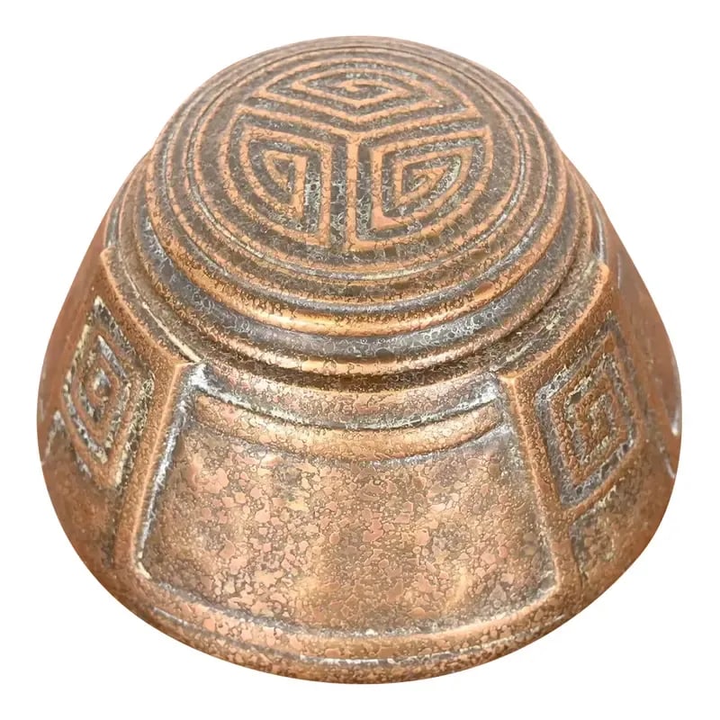 Tiffany Studios New York Greek Key Bronze Doré Inkwell: A gorgeous antique gilt bronze inkwell featuring Greek key designs By Tiffany Studios (signed to the underside) New York, USA, Early 20th Century Measures: 3.5"W x 3.5"D x 2.25"H. Very good original v