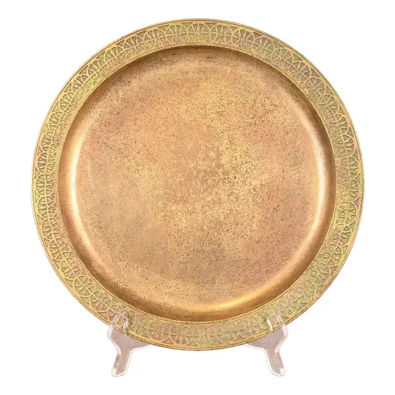 Tiffany Studios New York Bronze Doré Plate or Charger: A gorgeous Arts & Crafts or Art Deco period gilt bronze plate or charger By Tiffany Studios (signed to the underside) New York, USA, Early 20th Century Measures: 12"W x 12"D x 0.5"H. Very good origina