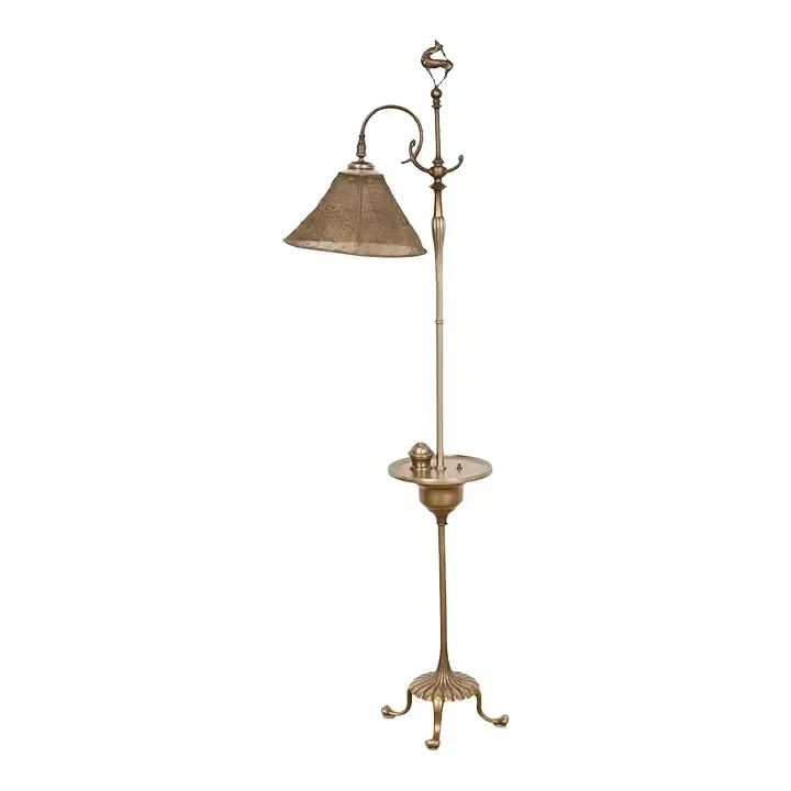 Louis Comfort Tiffany Furnaces Bronze Art Deco Floor Lamp With Wire Mesh Shade, 1920s: A rare and outstanding Art Deco or Art Nouveau period bronze floor lamp By Louis Comfort Tiffany Furnaces, Inc. New York, USA, 1920s Silver plated bronze stand, with stag figured finial, and gorgeous 